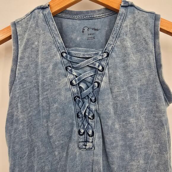Art Class Girls Lattice V Neck Detail Sleeveless Acid Wash Dress Blue Size Small - Picture 3 of 5